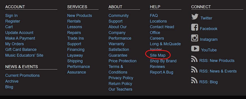 The footer of the Long and McQuade website demonstrating the use of a sitemap.