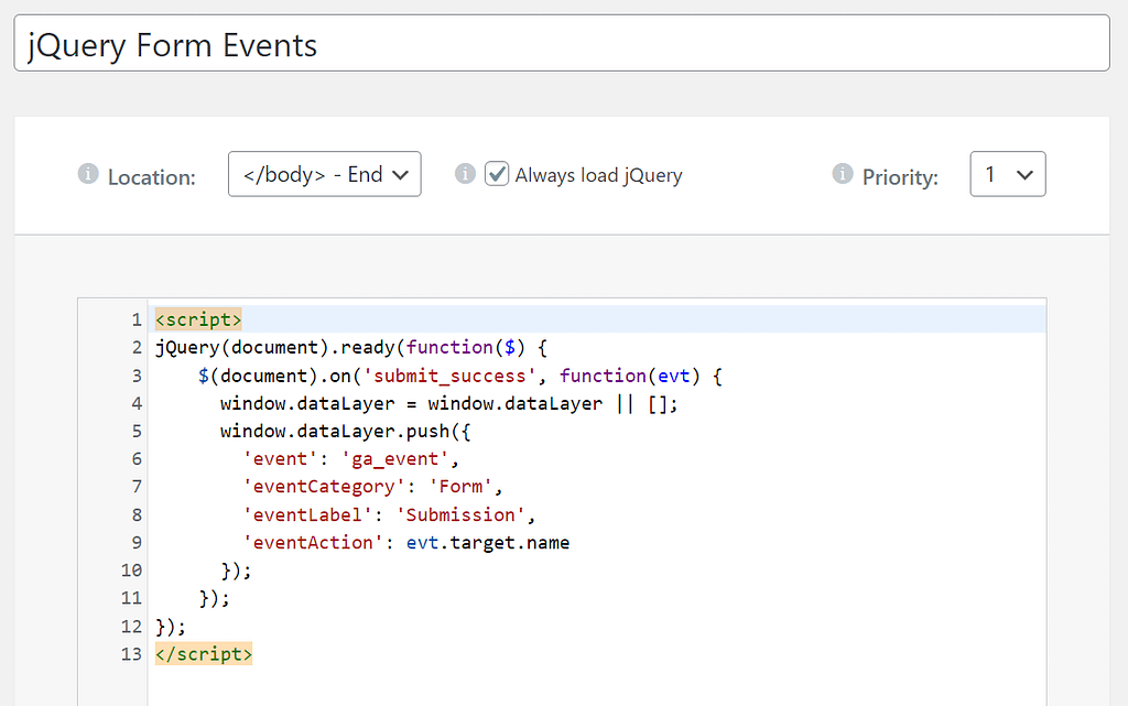 Using the Custom Code feature in Elementor Pro to add a snippet of jQuery