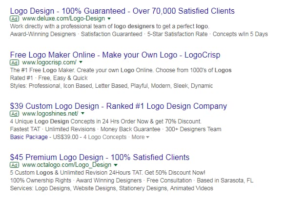 The top 4 ads for the keyword 'logo design'