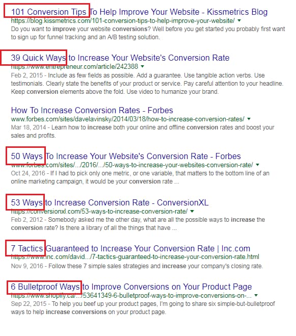 A Search Engine Results Page showing the use of numbers in the page titles. Example: 50 Ways to Boost Your Conversion Rate