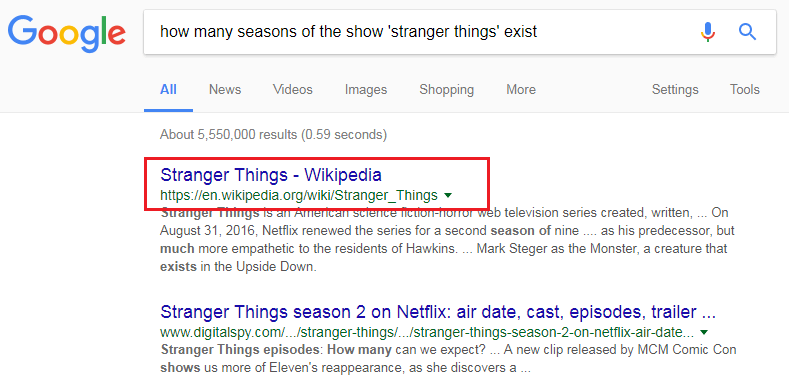 A web query for the string 'how many seasons of "stranger things" exist' returns Wikipedia, a highly trusted website, as its first search result