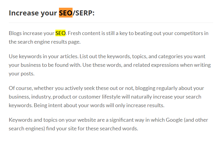 A section of page with my keyword as the heading and a supporting paragraph with no anchor links in the text.