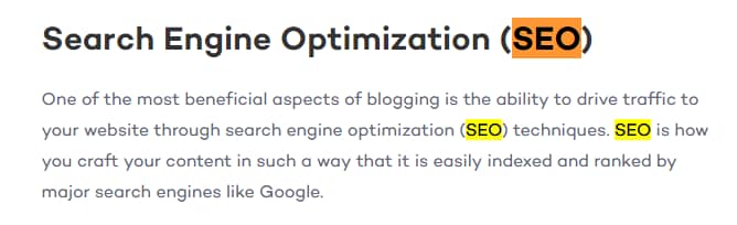A section of content with the heading 'Search Engine Optimization' and a supporting paragraph about the benefits of blogging on SEO. In this section of text, there are no anchor links.