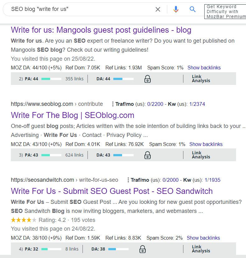 Results of a google search looking for guest post opportunities while employing Mozbar to see Domain Scores